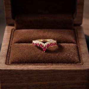 Marquise Ruby Chevron Ring, Gold Vintage V-Shaped Wedding Band, Anniversary Stacking Ring