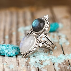 Moonstone Labradorite Ring: Chunky Sterling Silver Boho Statement Jewelry