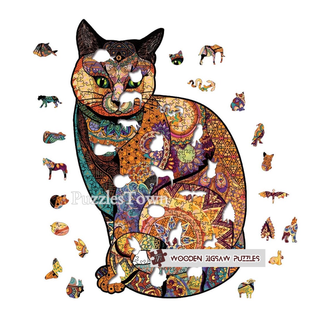 Cute Cat Wooden Jigsaw Puzzle Colourful Cat Wooden Puzzles Etsy UK