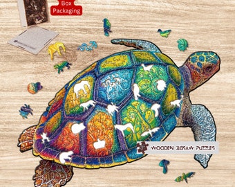Rainbow Turtle Wooden Jigsaw Puzzle with Wood Box Packaging, Puzzles for Kids Adult Friends Family Christmas Birthday Surprised Gift Box