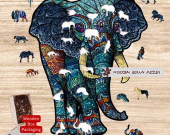 Elephant Wooden Jigsaw Puzzle with Wood Box Packaging, Blue Jumbo Elephant Wooden Puzzles Gift for Boys Girls Friends and Family Games