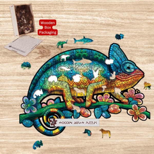 Chameleon Wooden Jigsaw Puzzle with Wood Box Packaging, Unique Gift for Kids and Adult, Colorful Reptiles Gecko Lizard Cute Animal Puzzle