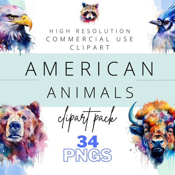 North American Wildlife Portrait Watercolor Cliparts: Bison, Eagle, Moose, Bear & More - High Res 4096px Transparent PNG for Commercial Use