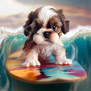 Shih Tzu Surfing Puppy Shih Tzu Printable Wall Art Design Resource Digital Poster Photo Artwork Digital Pet Art