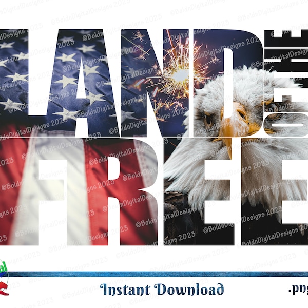 Land of the Free Design Download, Patriotic Bald Eagle Flag 4th of July svg, USA Eagle Photo png, Patriotic Flag Photo png, USA Vector Image