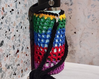 Striped Rainbow Multi-Colored Cotton Crossbody Bottle Holder with Removable Strap