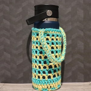Fun Sporty Teal & Yellow Crochet Bottle Holder | Handmade Water Bottle Sling | Reusable Drink Carrier