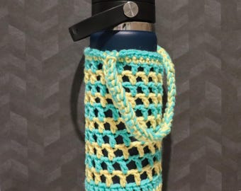Fun Sporty Teal & Yellow Crochet Bottle Holder | Handmade Water Bottle Sling | Reusable Drink Carrier