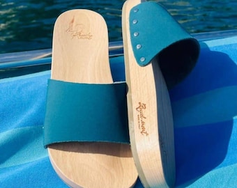 Light blue handcrafted wooden clogs - Aurora - Band - ZoccolMMT unisex cruelty free