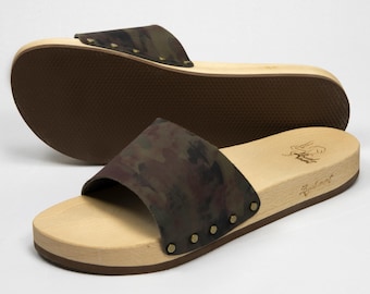 Handmade Wooden Clogs Camouflage - Lider - Fascia - Unisex cruelty free ClogMMT