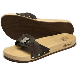 Handmade Camouflage Wooden Clogs - Lider - Buckle - Unisex Cruelty-Free Clogs