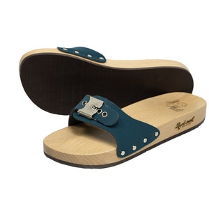 Light blue handcrafted wooden clogs Aurora Buckle Cruelty free unisex ZoccolMMT image 4