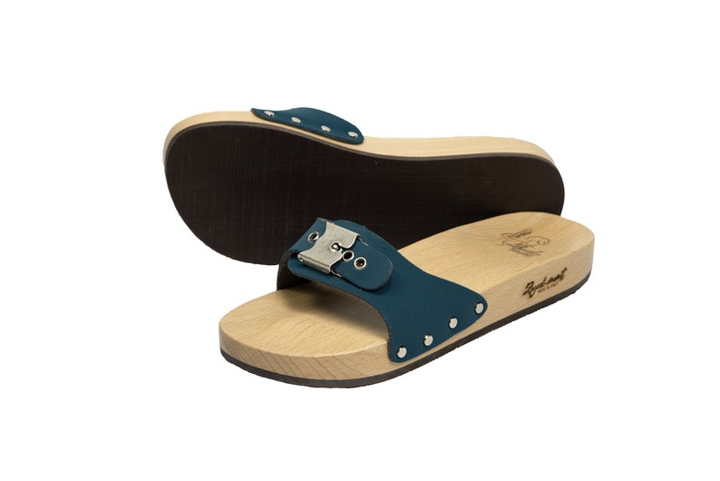 Light blue handcrafted wooden clogs Aurora Buckle Cruelty free unisex ZoccolMMT image 4