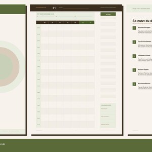 May include: A weekly planner set featuring three pages in shades of olive green, beige, and white. The first page displays the title Wochenplaner, a circular graphic, and text. The second page shows a daily schedule grid. The third page lists instructions.