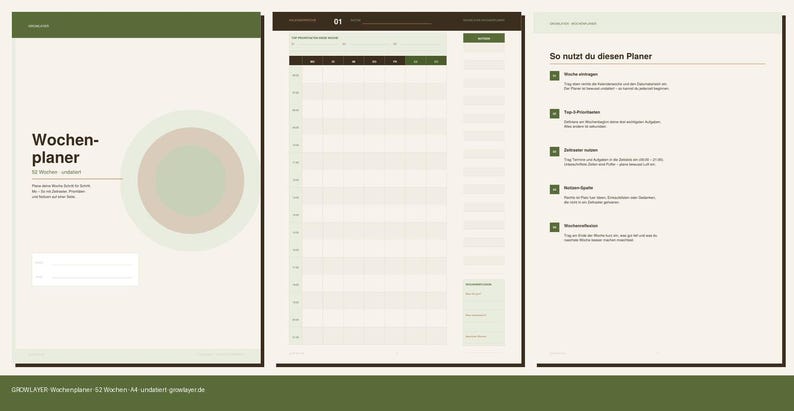 May include: A weekly planner set featuring three pages in shades of olive green, beige, and white. The first page displays the title Wochenplaner, a circular graphic, and text. The second page shows a daily schedule grid. The third page lists instructions.