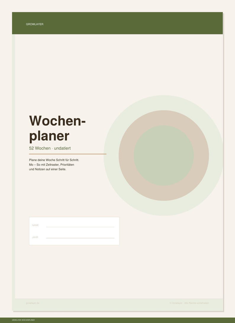 May include: A weekly planner with a cream background and a dark olive green header. The text reads Wochenplaner, 52 Wochen - undatiert, and includes a description of the layout. A large circle with concentric rings in light green and beige sits on the right.