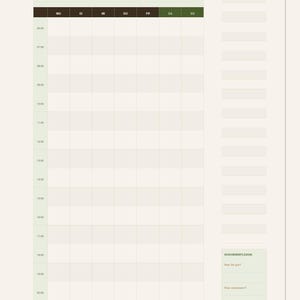 May include: A weekly planner page featuring a dark brown header with the text KALENDERWOCHE 01 DATUM and GROWLAYER WOCHENPLANER. It includes a grid for days of the week, time slots from 06:00 to 21:00, a top priorities section, a notes column, and a weekly reflection.
