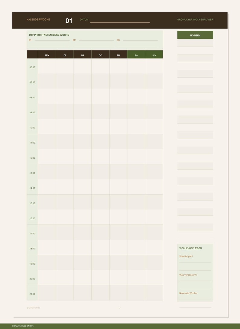 May include: A weekly planner page featuring a dark brown header with the text KALENDERWOCHE 01 DATUM and GROWLAYER WOCHENPLANER. It includes a grid for days of the week, time slots from 06:00 to 21:00, a top priorities section, a notes column, and a weekly reflection.