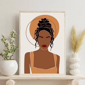 Boho Black Woman Wall Art, African American Abstract Art, Black Girl Portrait,  Digital Art Print, Modern Woman Illustration,Boho Home Decor