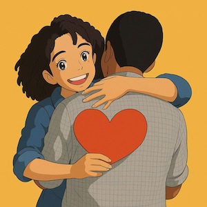 Pode incluir: Uma mulher com cabelo castanho encaracolado abraça um homem por trás. Ele está vestindo uma camisa xadrez cinza com um coração vermelho nas costas. A mulher está vestindo uma jaqueta jeans azul.