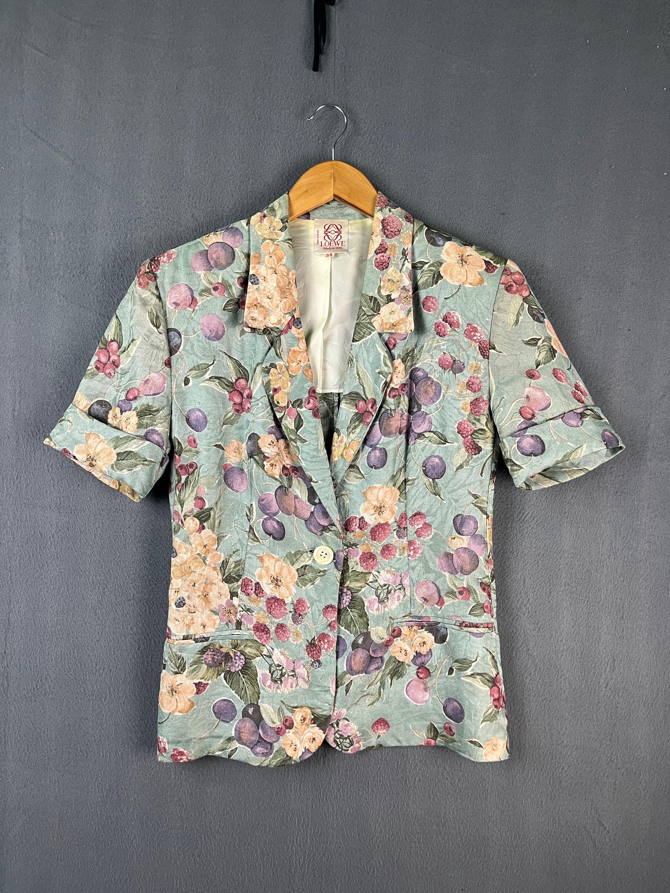 Loewe, Vintage LOEWE Short Sleeve Blazer | 80s 90s Loewe Madrid Floral Fruit Linen Cotton Jacket | Made in Spain Luxury Designer Archival Tailoring