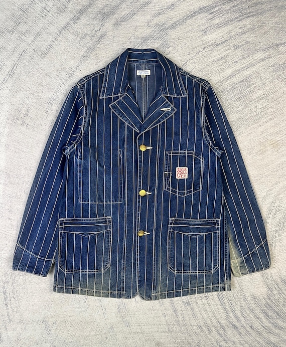 Sugar Cane, Vintage Sugar Cane Hickory Stripes Denim Chore Jacket Workwear Size 36 Made in Japan