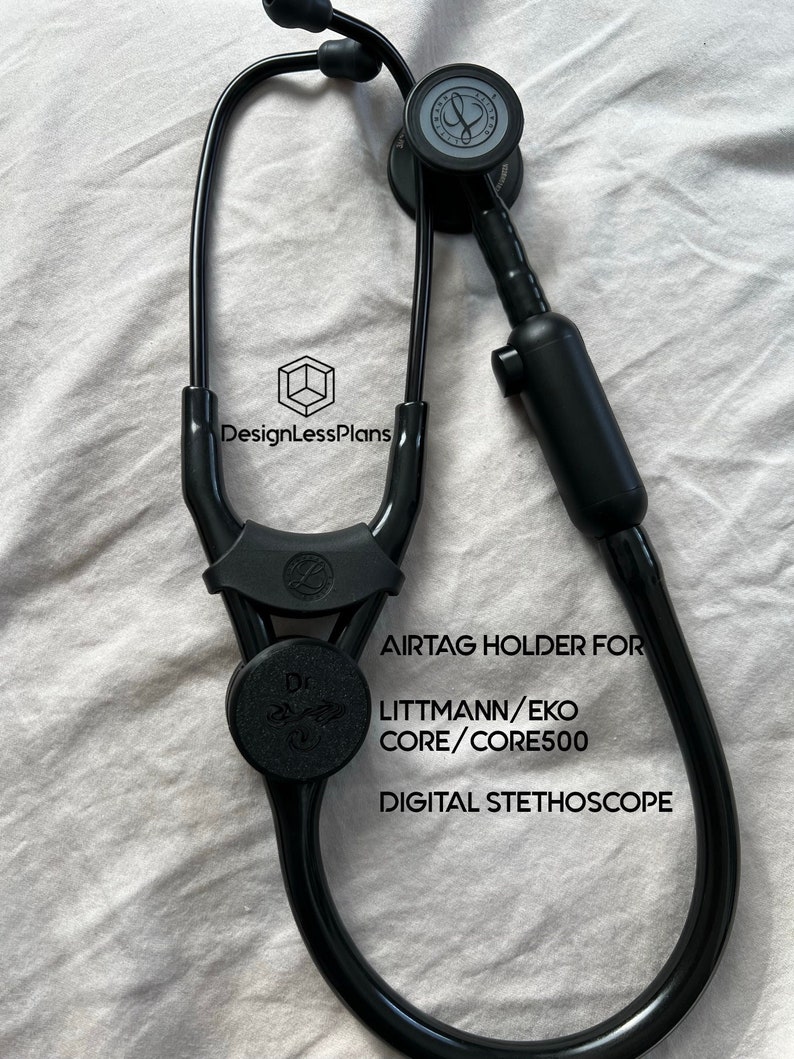 Stethoscope Airtag Holder designed for Littmann® CORE Digital Stethoscopes & EKO CORE 500. Ensures secure attachment without affecting sound. Made from recyclable material, Water/chemical resistant, lightweight, and compact.