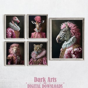 Set of 5 Victorian Portrait prints, Renaissance Animal Painting, Rococo Altered Art Print, Pink collection, home decor, Digital Download