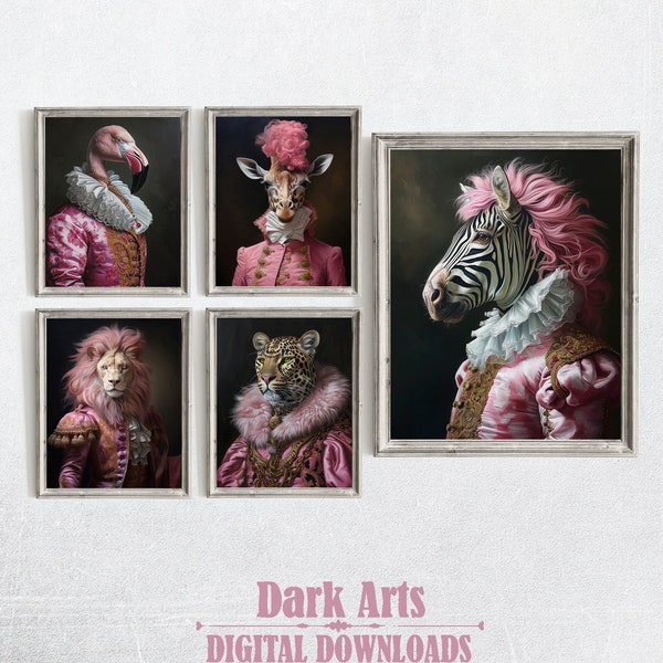 Set of 5 Victorian Portrait prints, Renaissance Animal Painting, Rococo Altered Art Print, Pink collection, home decor, Digital Download