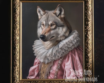 Wolf Renaissance Portrait, Victorian animal portrait, Whimsical Animals, Rococo Pastel Wall decoration, Digital Download