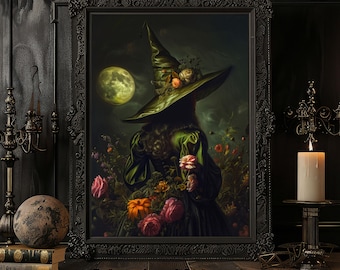 May include: A framed painting of a witch wearing a green dress and a pointed hat with flowers. The witch is standing in a forest with a full moon in the background.