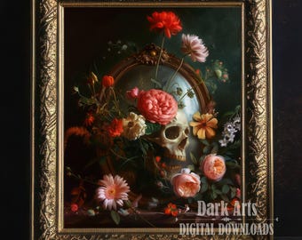 Skull and Roses Mirror Art Print, Gothic Floral Decor (Digital Download)