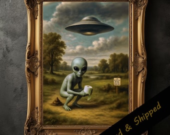 Funny Alien UFO Print, Victorian Landscape, Surreal Art