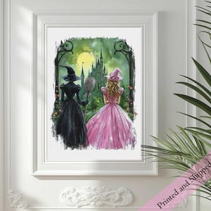 May include: A painting of two women, one in a black dress and a witch's hat, and the other in a pink dress and a witch's hat, standing in front of a castle.