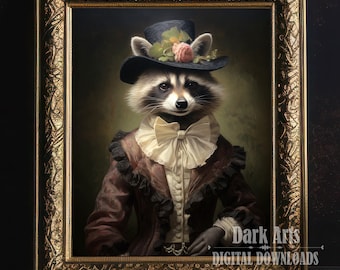 May include: A raccoon wearing a black top hat with pink flowers, a white bow tie, and a brown jacket with lace trim. The raccoon is posed in a portrait style against a green background.