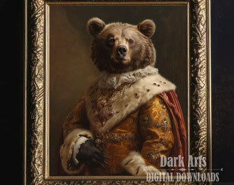 May include: A painting of a brown bear wearing a gold and white royal robe with a red cape. The bear has a serious expression and is looking directly at the viewer. The painting is framed in a gold ornate frame.