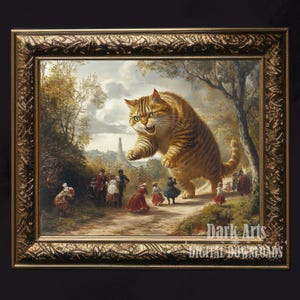 May include: A large, orange tabby cat with green eyes stands on its hind legs in a forest clearing. The cat is looking at the viewer with a fierce expression.  There are several people in the background, all looking up at the cat in awe.