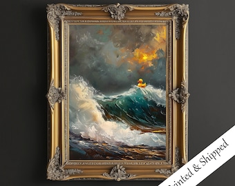 Brave Little Duck in the Storm – Whimsical Ocean Wall Art, Hopeful Surreal Seascape Poster, Modern Decor