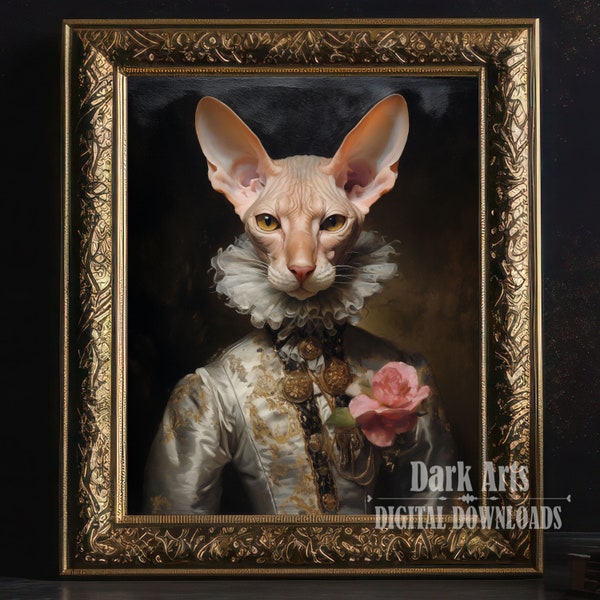 Cat Portrait Print, Peterbald Cat, Aristocrat Vintage Painting, Dark Academia, Cool Whimsical Felines, Digital Download