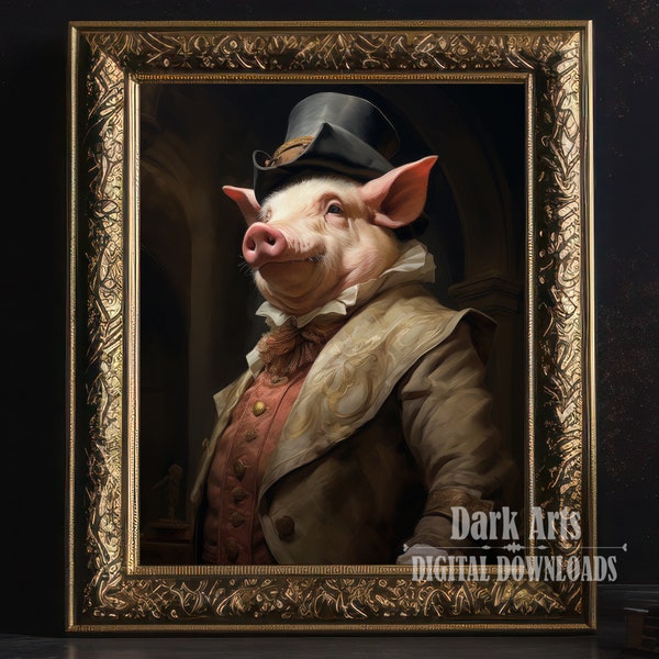 Victorian Pig Wall Art Print, Portrait of Aristocrat Gentleman Hog Wearing Vintage Outfit, Top Hat, Farm Animal Gift, Digital Download