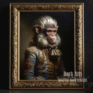 May include: A painting of a monkey dressed in a gold and blue suit with a white collar. The monkey has white fur and is sitting in a gold frame. The painting is titled "Dark Arts Digital Downloads".