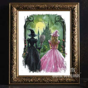 May include: A painting of two women standing in front of a castle. One woman is wearing a black dress and a witch's hat, while the other woman is wearing a pink dress and a crown. The castle is green and has a yellow moon in the sky above it.