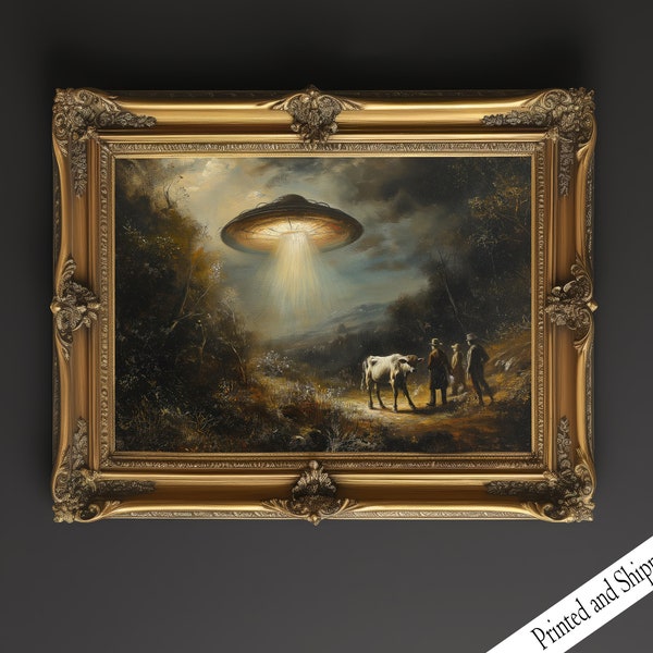 Victorian Landscape UFO Wall Art, Funny Altered Art Print, Eclectic Print, Alien Abduction