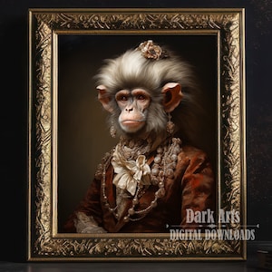 May include: A framed portrait of a chimpanzee dressed in regal attire. The chimpanzee wears a red jacket, pearl necklaces, and earrings. The frame is ornate gold. The image has the text "Dark Arts DIGITAL DOWNLOADS" in the bottom right corner.
