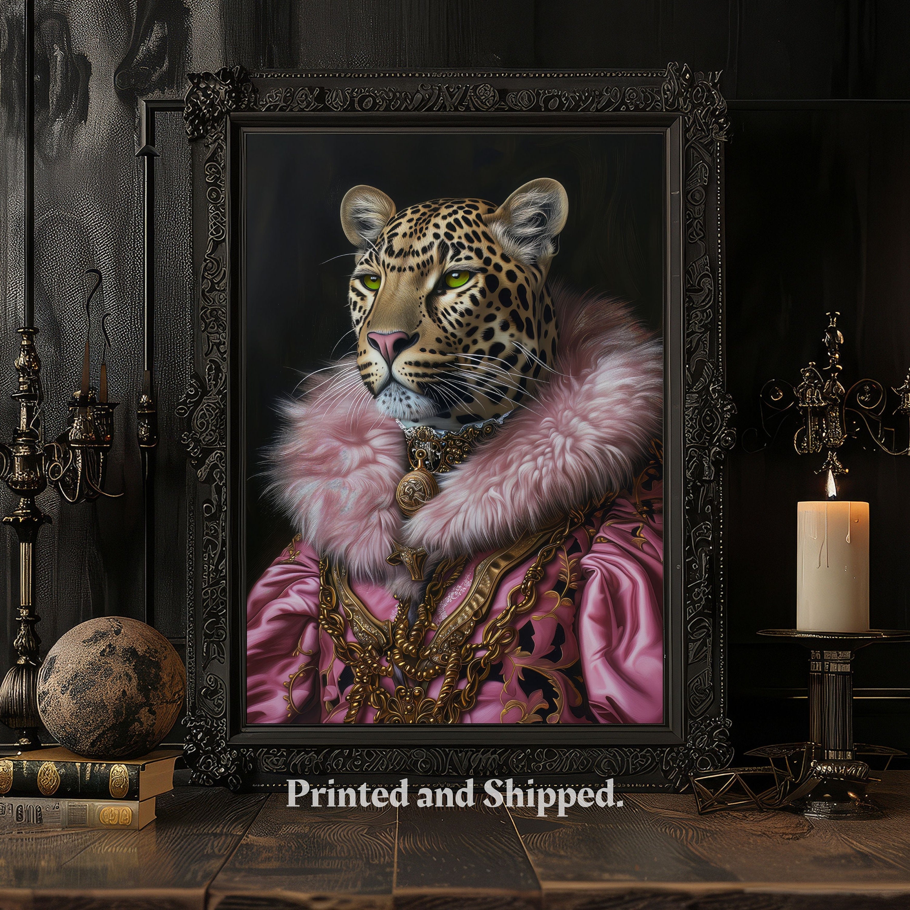 Leopard Rococo Portrait Print: Pink Renaissance Animal Wall Art - Etsy