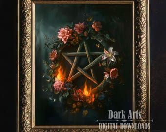 Flaming Pentacle Floral Gothic Art Print, Dark Academia Decor (Digital Download)