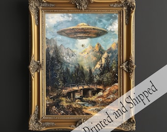 UFO Abduction Art Print, Victorian Landscape, Funny Eclectic Wall Decor
