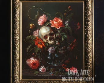 Lámina artística gótica de calavera floral, decoración victoriana oscura (descarga digital)