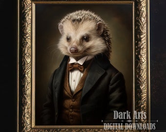 May include: A hedgehog wearing a brown and black suit with a white shirt and a brown bow tie. The hedgehog is in a gold frame with a dark background.