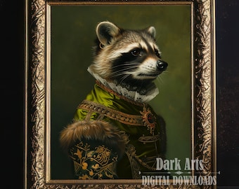 May include: A digital painting of a raccoon wearing a green and gold royal costume. The raccoon is looking to the right of the frame. The painting is framed in a gold ornate frame. The text "Dark Arts DIGITAL DOWNLOADS" is at the bottom of the painting.